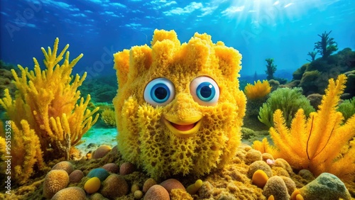 Vibrant yellow sea sponge with bright blue eyes and energetic smile, surrounded by seaweed and oceanic elements, brings a sense of playful underwater adventure. photo