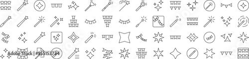 Bundle of Holiday Related Line Icons. Editable Stroke for Design, Web Sites, Apps, Cards. Contains Linear Images of Magic Wand, Garlands, Sparkles