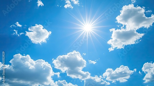 Clear blue sky with a few white clouds, serene weather, bright sunlight