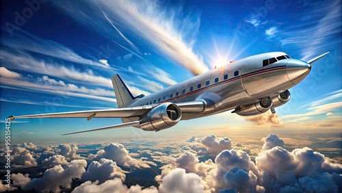 Vintage retro-style airliner with metallic skin and distinctive triple tail fins soaring through a clear blue sky with fluffy white clouds. photo