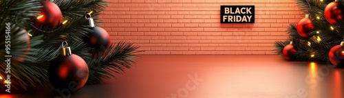 Festive Christmas scene featuring ornaments and a promotional Black Friday sign, perfect for holiday marketing visuals.