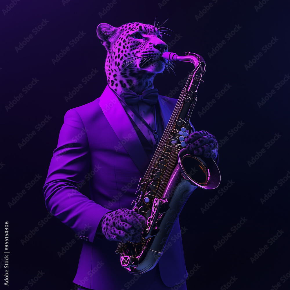 Fototapeta premium Portrait of leopard playing saxophone under vibrant neon lights