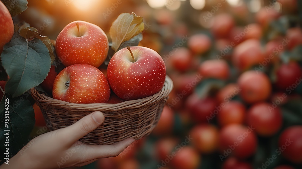 A close-up of hands reaching for a ripe apple on a tree, with a basket full of freshly picked apples in the background. The warm sunlight filters through the leaves, creating a serene and cozy mood, A close-up of hands reaching for a ripe apple on a tree, with a basket full of freshly picked apples in the background. The warm sunlight filters through the leaves, creating a serene and cozy mood,