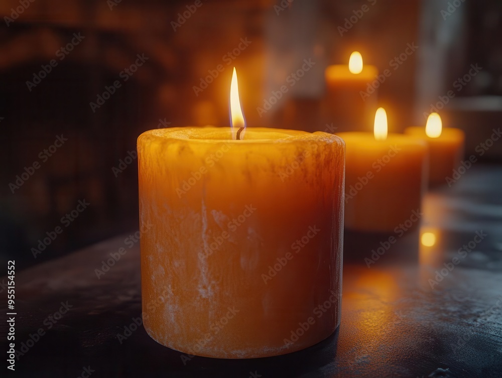 Spooky candles burning with eerie flames, placed on a dark mantle, creepy style, close-up, soft lighting, high contrast Spooky candles burning with eerie flames, placed on a dark mantle, creepy style, close-up, soft lighting, high contrast