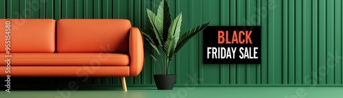 Stylish living room featuring an orange sofa, green wall, and a plant, perfect for Black Friday promotional content.