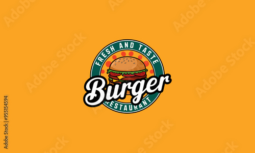 Colorful burger logo with text "Fresh and Taste" in circle.
