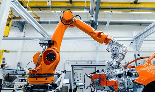 An orange robotic arm is working on a car assembly line in a modern factory. The arm is holding a piece of metal and is about to attach it to the car.