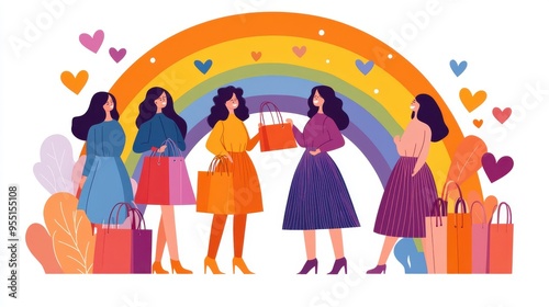 Women with shopping bags in front of rainbow, simple flat vector illustration