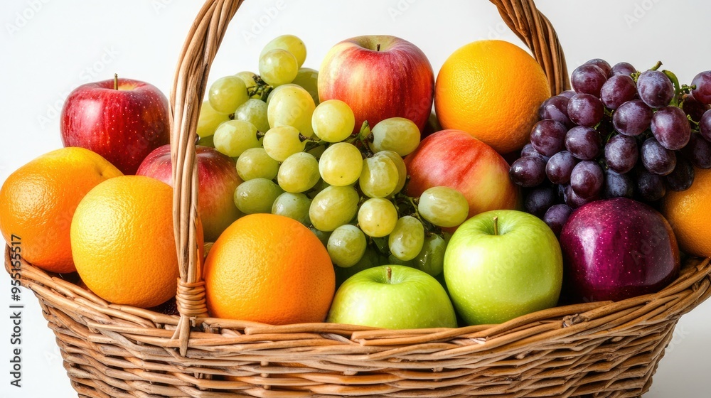 A basket filled with an assortment of bright-colored fruits, including apples, oranges, and grapes, against a white backdrop. A basket filled with an assortment of bright-colored fruits, including apples, oranges, and grapes, against a white backdrop.