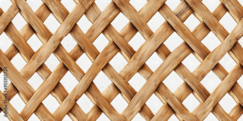 Fototapeta Naklejka Na Ścianę i Meble -  Seamless diamond grid wood lattice texture isolated on transparent background. Tileable light brown redwood, pine or oak trellis of woven diagonal boards. Wooden fence planks pattern 3D rendering.
