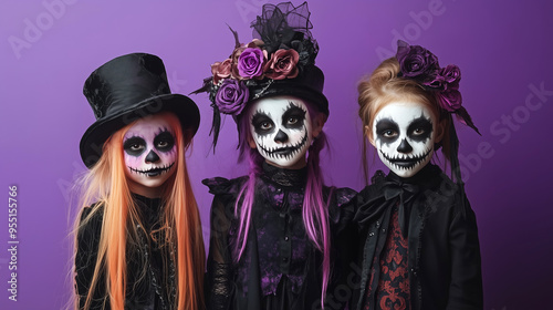 Children Halloween costume with a painted skeleton makeup