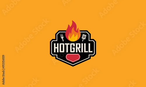 Hot grill logo with flames, utensils, and bold typography design