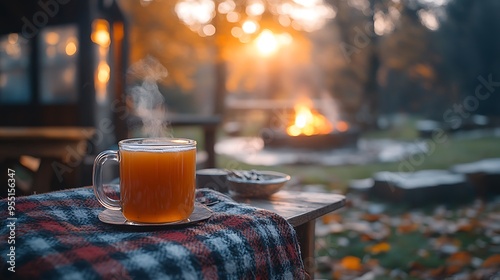 A cozy autumn setup by a fire pit, featuring a steaming mug of hot cider on a rustic table and a plaid blanket draped over a wooden chair.
