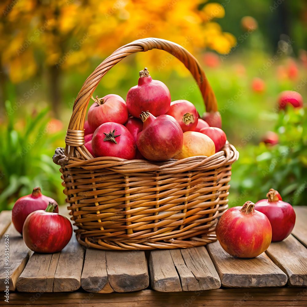 Pomegranates In Wooden basket On Table in garden Harvest Concept Pomegranates In Wooden basket On Table in garden Harvest Concept