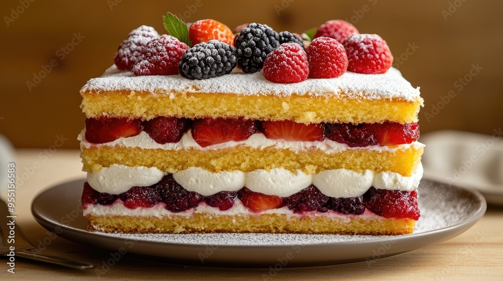 A classic sponge cake with layers of whipped cream and fresh fruit, topped with a light dusting of powdered sugar. A classic sponge cake with layers of whipped cream and fresh fruit, topped with a light dusting of powdered sugar.