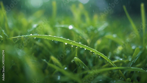 Close-up of fresh green grass background, glistening with rainwater.