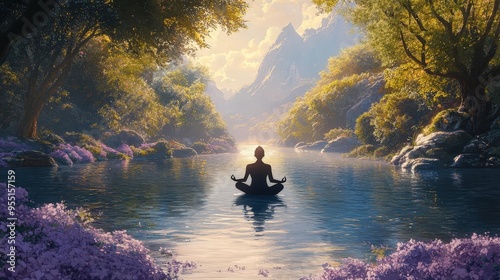 A person meditating by a tranquil river