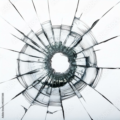 Detail von einem Einschussloch in der Glasscheibe mit abgehenden Splitterstrahlen.