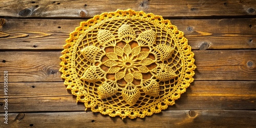 A delicate saffron yellow crochet doily lies gently on a vintage wooden table, captured from a slight overhead angle with soft, warm morning light, a realistic photo image.