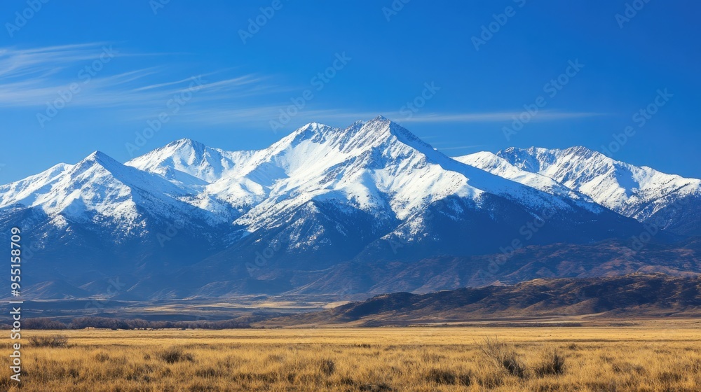 Snow-capped mountains under a clear blue sky, winter weather, cold and majestic Snow-capped mountains under a clear blue sky, winter weather, cold and majestic