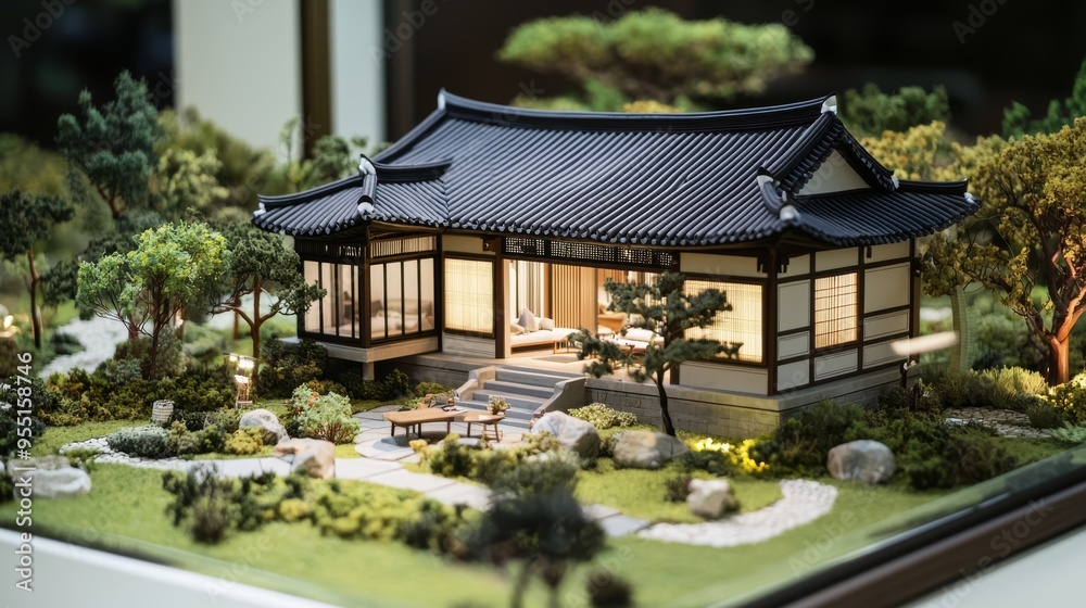 A scale model home with a Korean-style entrance and outdoor seating area