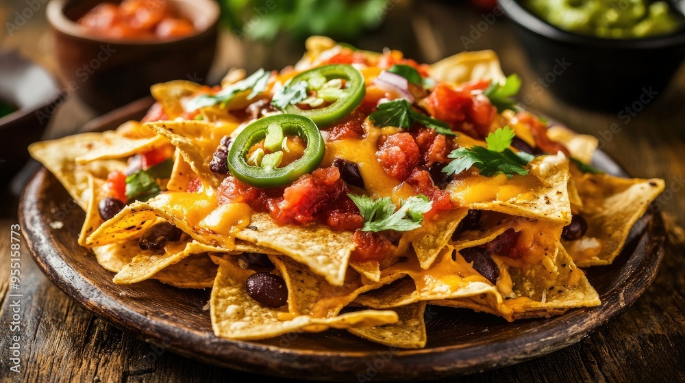custom made wallpaper toronto digitalA close-up of nachos piled high with melted cheese, jalapeos, salsa, and guacamole, served on a rustic plate.