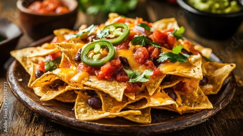 Wallpaper Mural A close-up of nachos piled high with melted cheese, jalapeos, salsa, and guacamole, served on a rustic plate. Torontodigital.ca