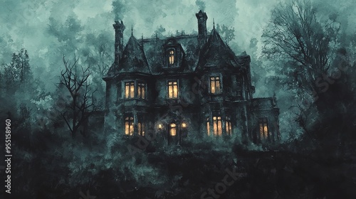 Spooky gothic mansion, overgrown garden with dead trees, flickering lights in windows, Watercolor style