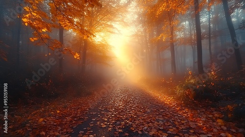 A misty morning on a golden forest path in autumn, with the ground covered in dew-kissed leaves and the trees in full fall colors. The sun breaks through the mist, casting a soft,