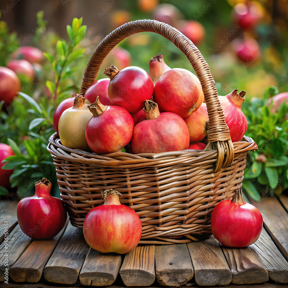 Pomegranates In Wooden basket On Table in garden Harvest Concept Pomegranates In Wooden basket On Table in garden Harvest Concept