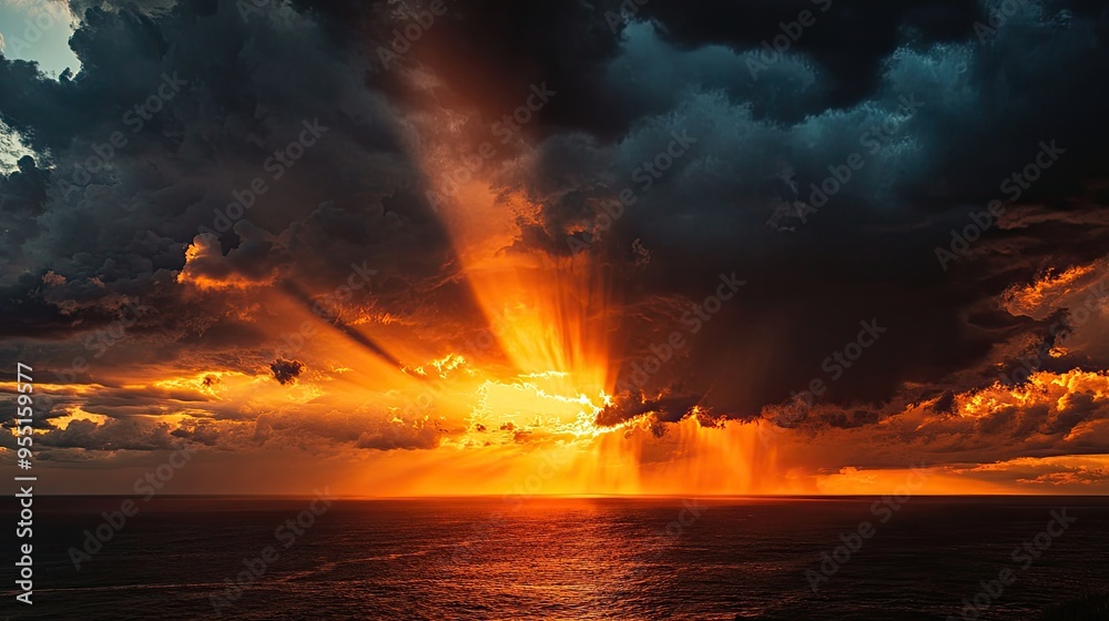 Sun setting behind a line of thunderstorms on the horizon, dramatic weather, contrast of light and dark Sun setting behind a line of thunderstorms on the horizon, dramatic weather, contrast of light and dark