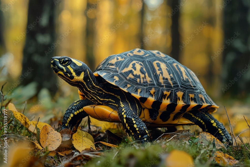 A Yellow-Marked Turtle Walking on Fallen Leaves in a Forest A Yellow-Marked Turtle Walking on Fallen Leaves in a Forest