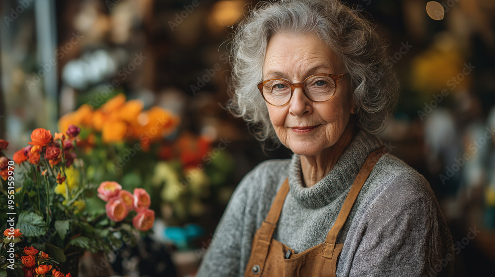 Portrait of a smiling elderly woman in a flower shop Portrait of a smiling elderly woman in a flower shop