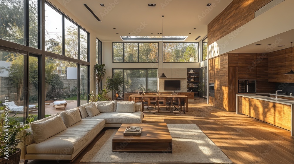 Modern living room with large windows and wooden accents. Modern living room with large windows and wooden accents.