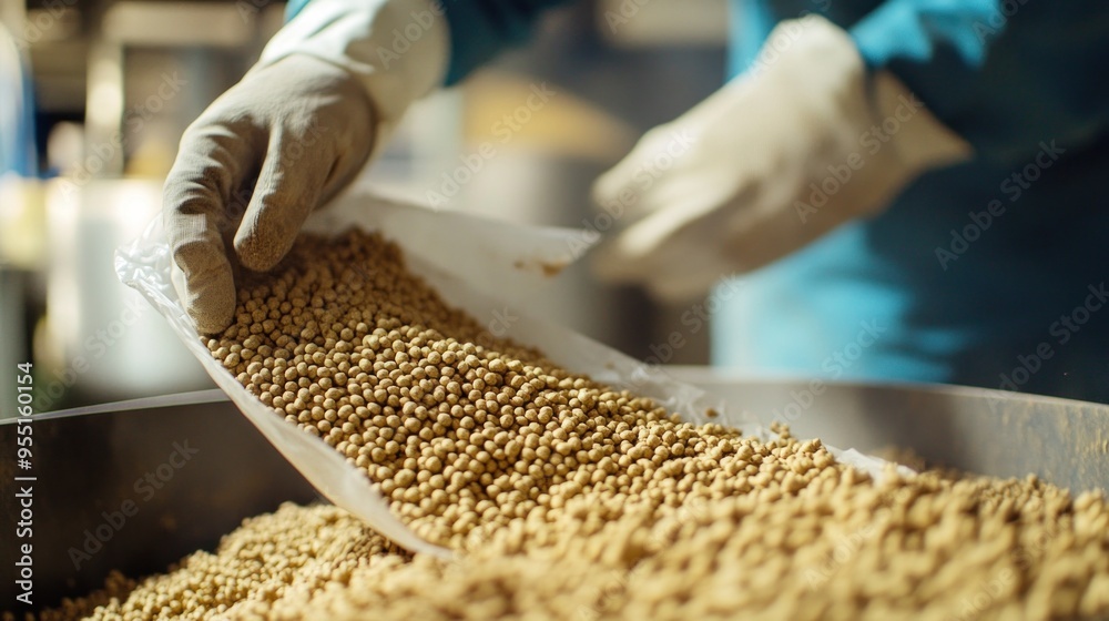 Gloved Hands Pouring Brown Pellets Into a Metal Container