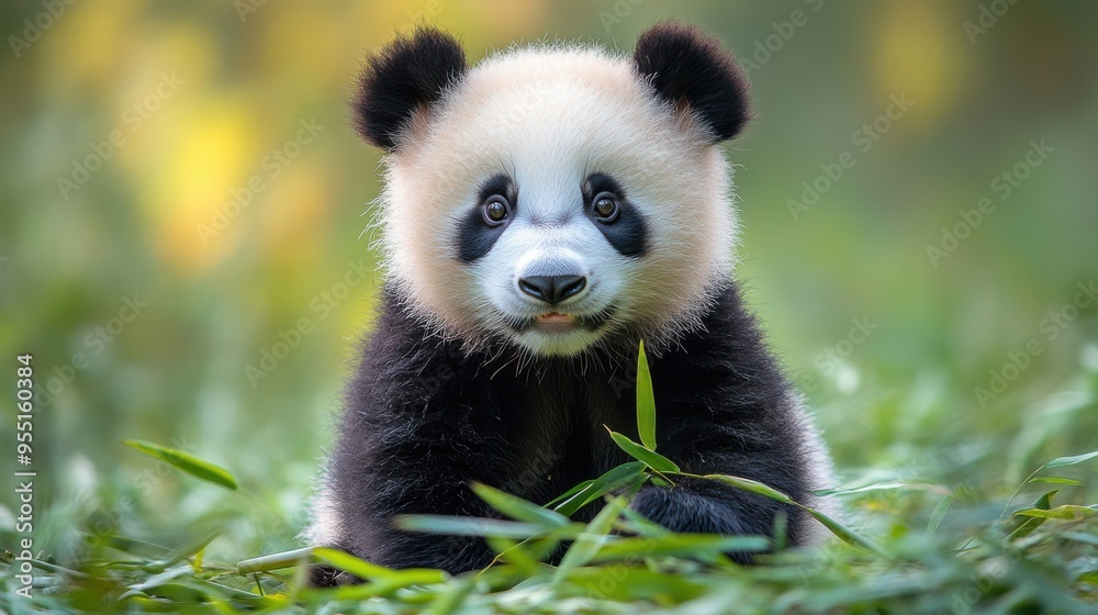 Fototapeta premium A cute panda sitting and eating bamboo