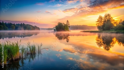 A serene lake at dawn with misty fog rolling in, soft natural light, calm atmosphere, gentle ripples on the water, a realistic photo image.