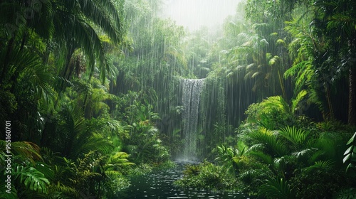 Tropical rain shower over a dense jungle, wet weather, lush and vibrant