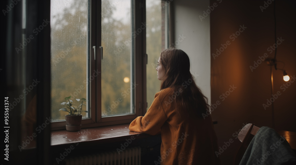a girl is sitting on a chair and looking in the window. Cozy autumn mood. Soft evening colors, Rainy day