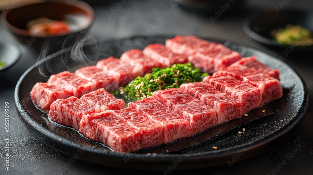A detailed image of wagyu beef slices laid out on a plate beside a simmering sukiyaki pot with steam and vibrant colors highlighting the dish A detailed image of wagyu beef slices laid out on a plate beside a simmering sukiyaki pot with steam and vibrant colors highlighting the dish