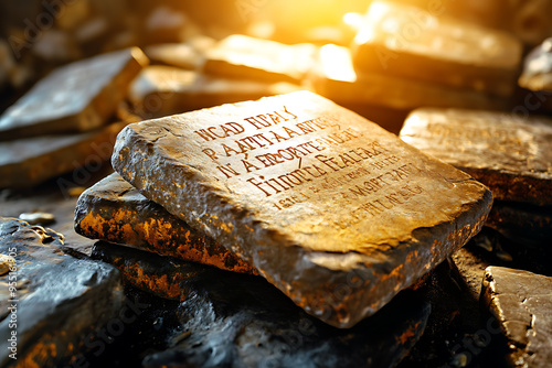 Ancient stone tablets with inscribed commandments, representing a historical and religious symbol of moral and ethical guidelines. photo