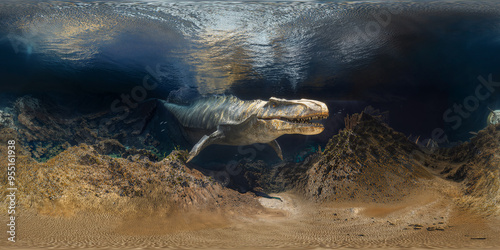 Kronosaurus underwater Dinosaur 8K v6 360 degree, equirectangular projection, environment map. HDRI spherical panorama
