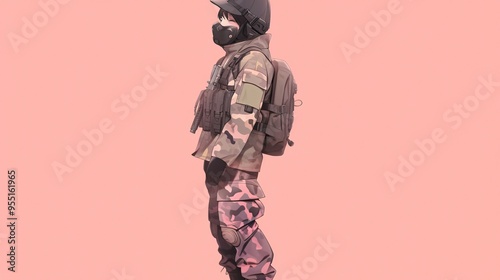 An anime boy in a military suit, on a pastel peach background