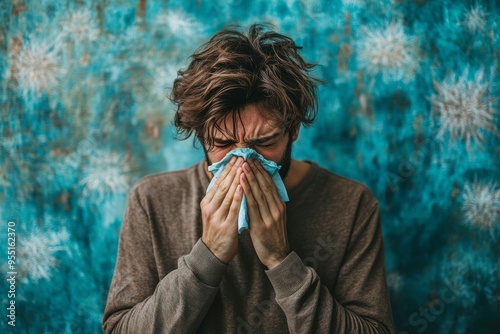 Man with messy hair blowing his nose with tissue photo