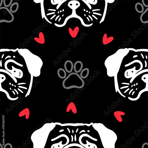 Seamless vector pattern with cute draw fluffy pug dogs and dog food., paws. Simple doodle style. Black and white