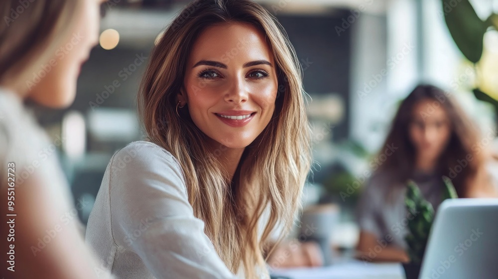Smiling Woman in White Shirt, Cafe Setting Smiling Woman in White Shirt, Cafe Setting