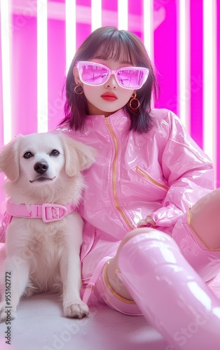 A stylish woman in pink fashion poses with her cute dog against a vibrant neon backdrop, showcasing a playful and trendy vibe. photo