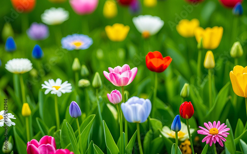 flowers blooming in the garden. Various colorful flowers. Beautiful spring garden.