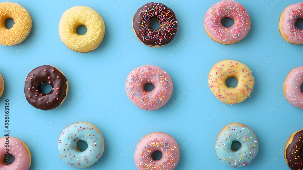 Colorful doughnuts on a blue background, top view, flat lay. Pattern of different shades and shapes with icing, sprinkles, and chocolate drizzle Colorful doughnuts on a blue background, top view, flat lay. Pattern of different shades and shapes with icing, sprinkles, and chocolate drizzle