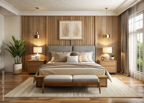 A calm retreat awaits in this serene bedroom, where a wooden bed anchors the space, flanked by bedside photo